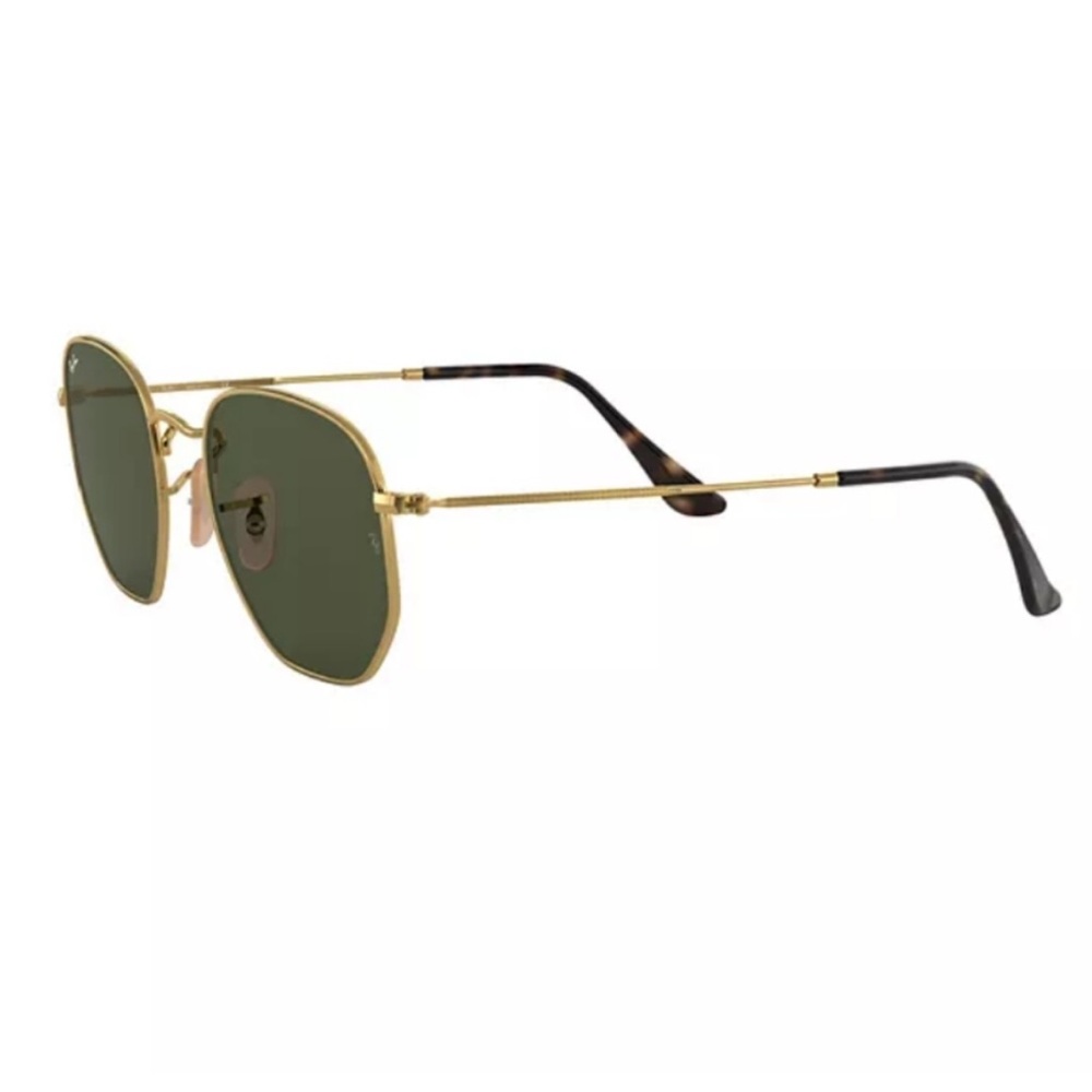 hexagonal ray ban sunglasses with green lenses and case